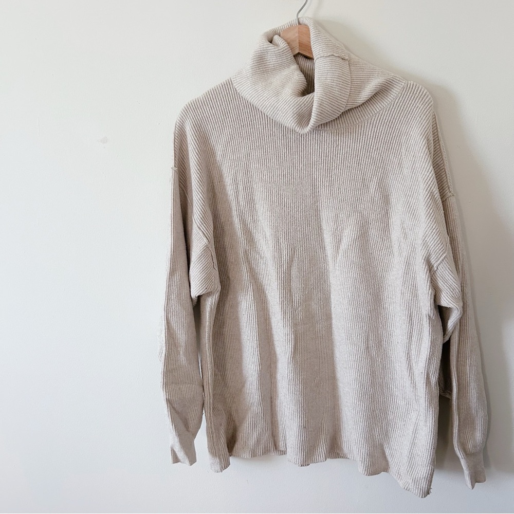 Free People Cozy Ribbed Slouchy Turtleneck Sweater Oatmeal Sz S